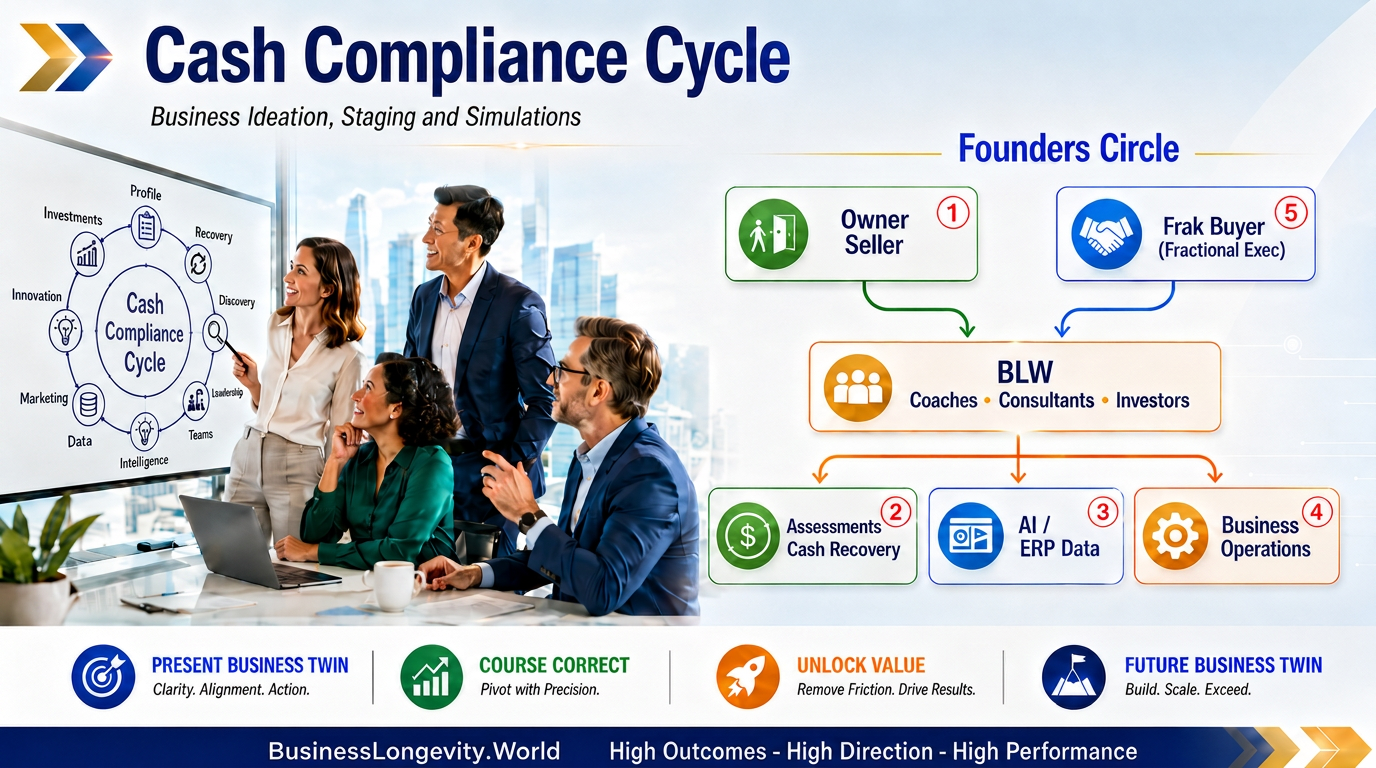 Cash Compliance Cycle: business ideation, staging and simulations, with the ten-checkpoint Cash Compliance Circle